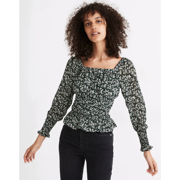 Madewell Georgette Green Floral Long Sleeve Smocked Peplum Blouse top Size XS
