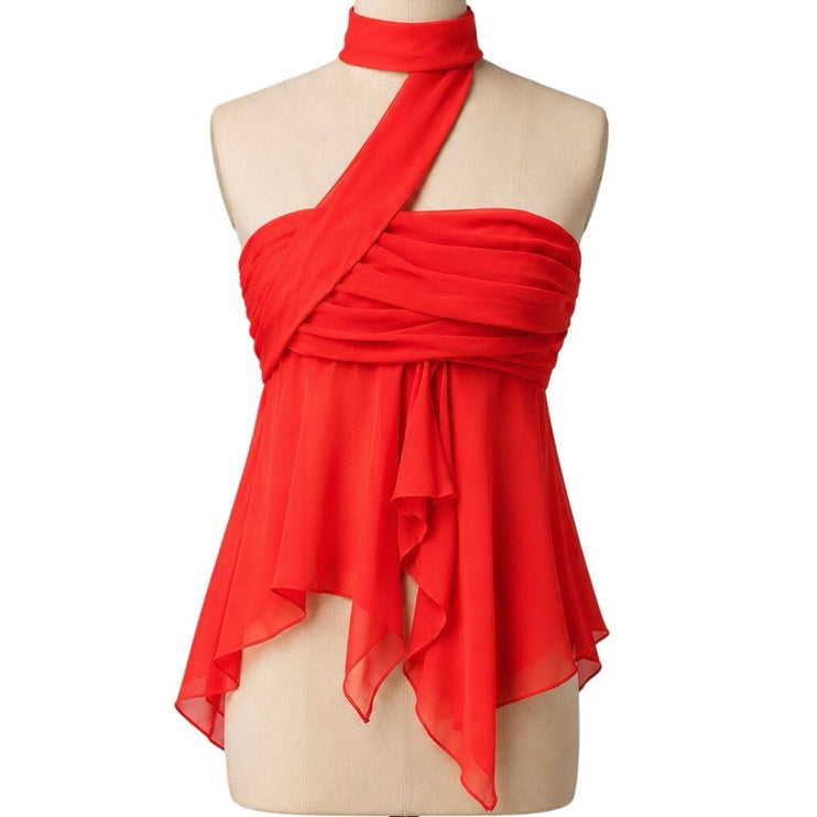 NEW Danielle Guizio Red Poppy Chiffon Wrap Around Ruffle Drape Crop Top Size XS