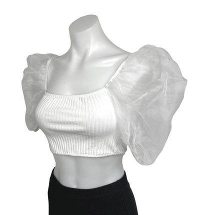 Zara White Combined Organza Knit Puff Sleeve Square Neck Cropped Blouse Top Sz S