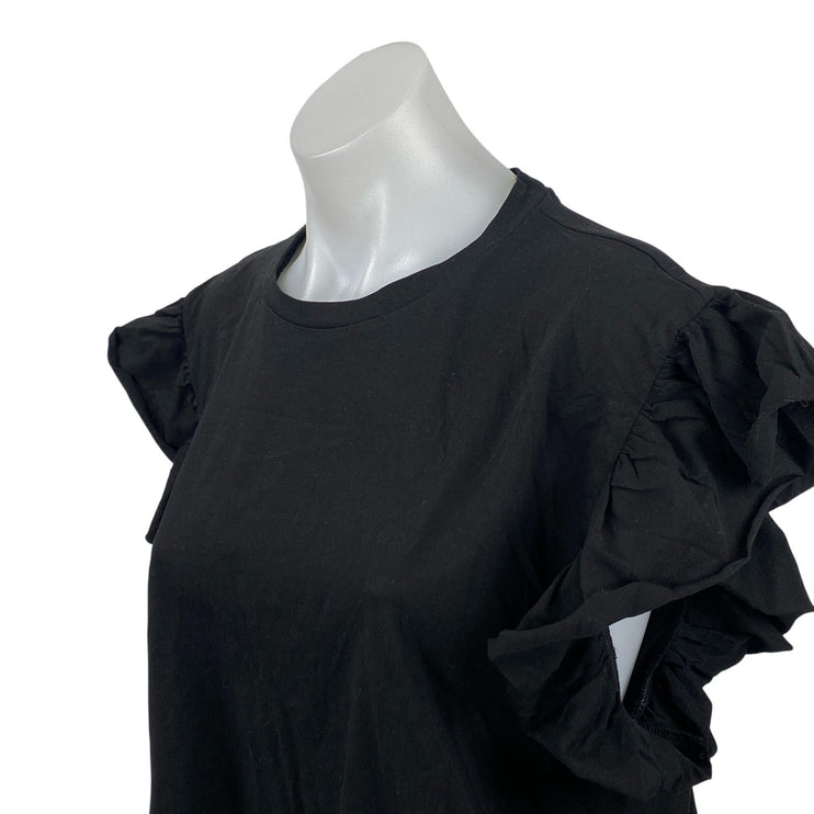 NEW Zara Women's Black Round Neck Ruffle Flutter Sleeve T-Shirt Blouse Top Sz M