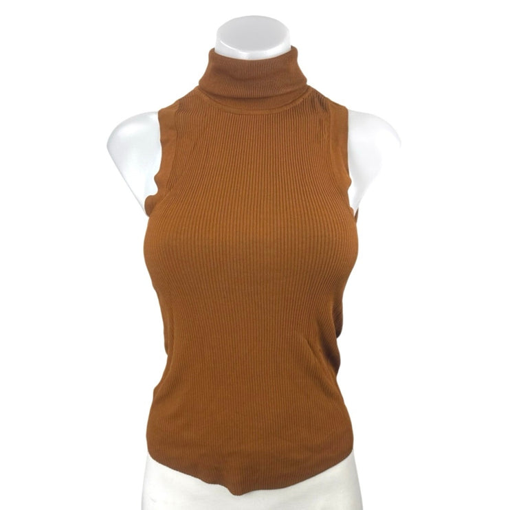 Zara Women's Brown Sleeveless Turtleneck Ribbed Knit Tank Sweater Top Size M