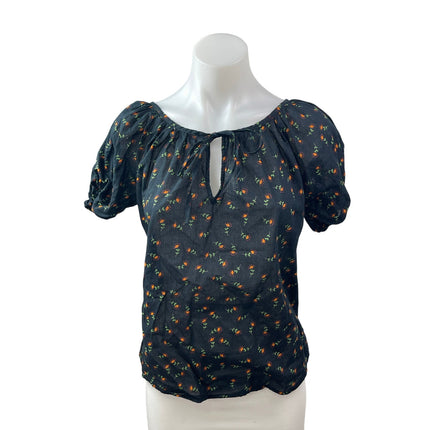 Urban Outfitters Women Black Floral Short Puff Sleeve Keyhole Blouse Top Size XS