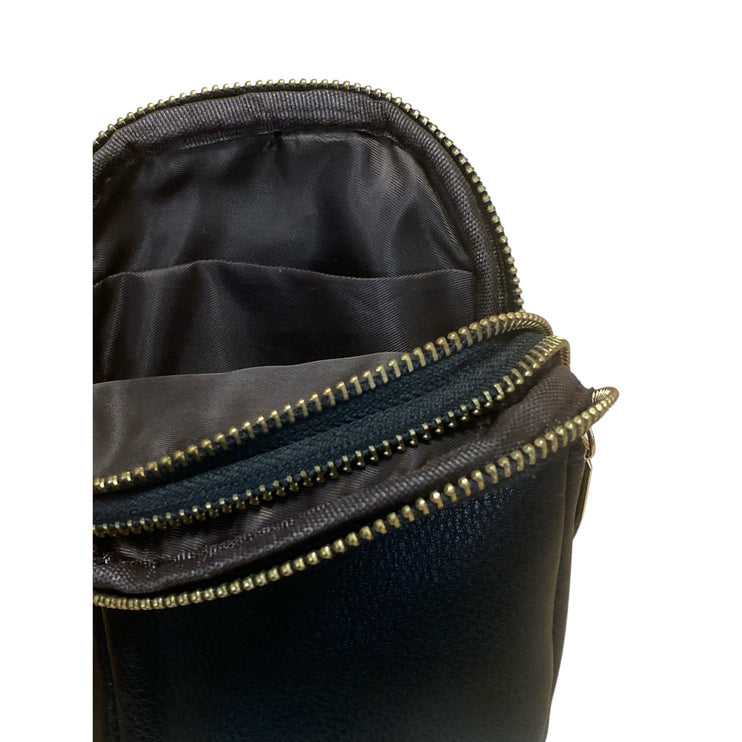 Un Jour De Chance Black Faux Vegan Leather Small Phone Crossbody Sling Bag OS