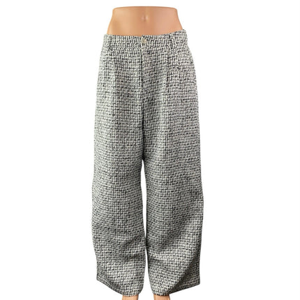 Commense Women's Black White Tweed High Rise Wide Leg Baggy Trousers Pants Sz L
