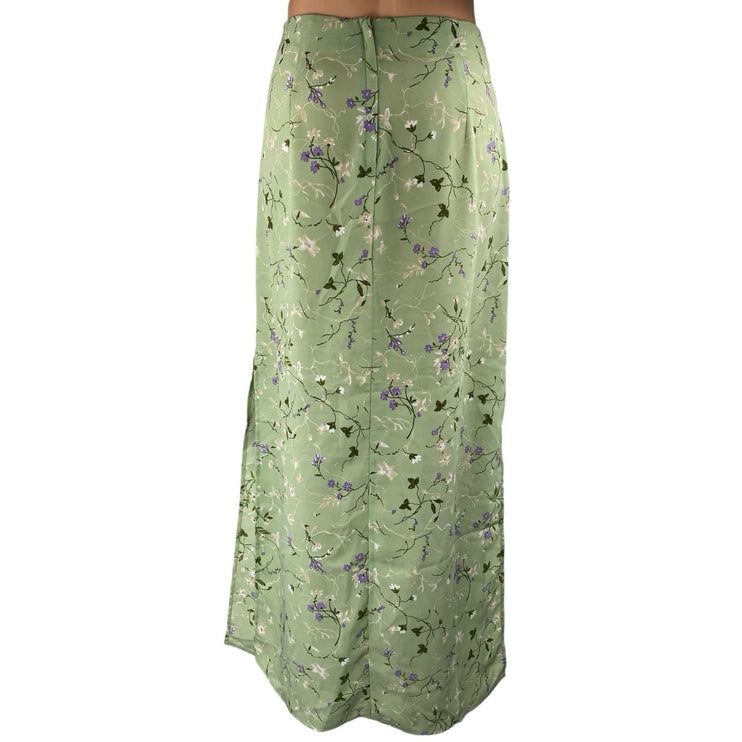 Vintage La Belle Green Floral High Waisted Side Slit Straight Maxi Slip Skirt 11