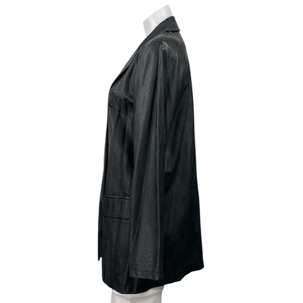 Womens Black Faux Vegan Leather Long Sleeve Pockets Blazer Coat Jacket Size L