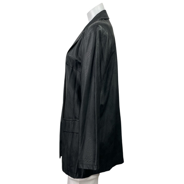 Womens Black Faux Vegan Leather Long Sleeve Pockets Blazer Coat Jacket Size L