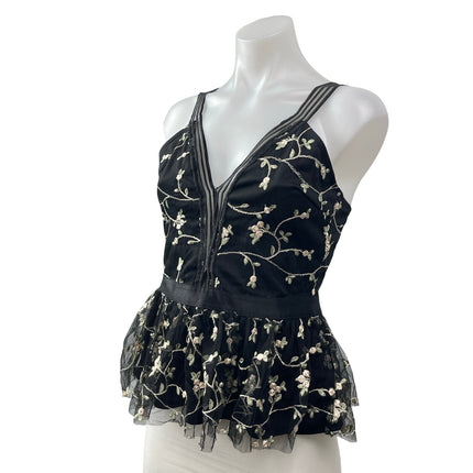 Omai Women's Black Floral Embroidered Sleeveless V Neck Peplum Blouse Top Size M