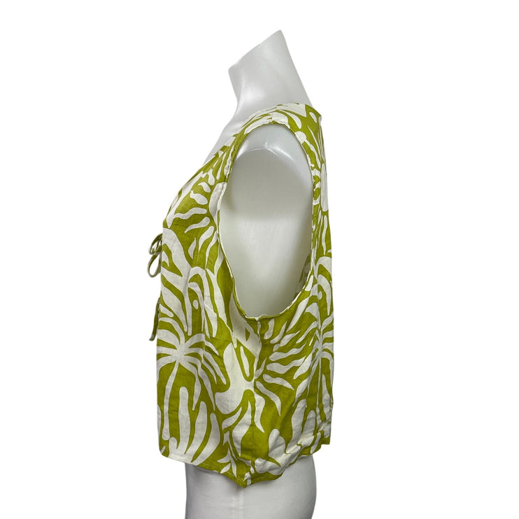 Christian Siriano Green White Linen Blend Sleeveless Tie Front Crop Tank Top L