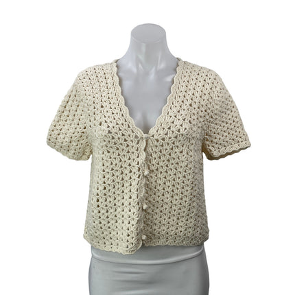 dh New York Women's Cream Short Sleeves Open Crochet Cardigan Sweater Top Sz XS