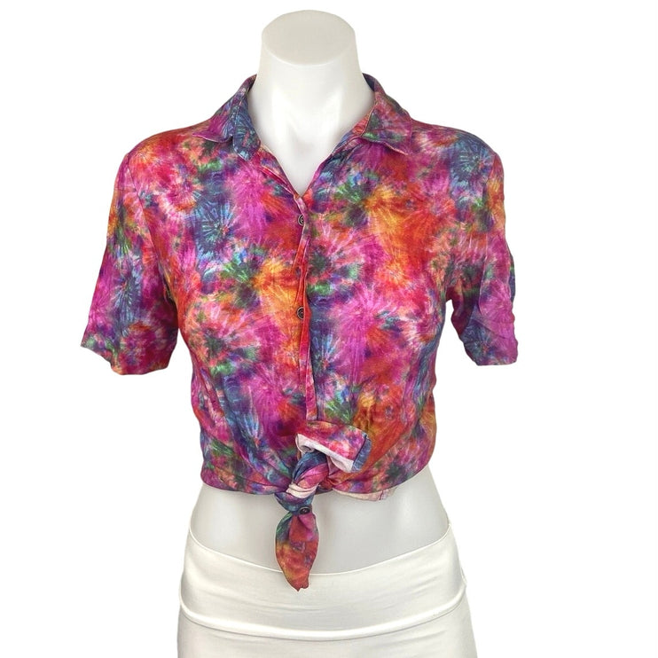 Pool Multicolor Tie Dye Short Sleeve Cropped Tuckable Button Down Shirt Size 36