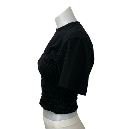 Frame Women's Black Smocked Crewneck Short Sleeve Crop Tee T-shirt Top Size S