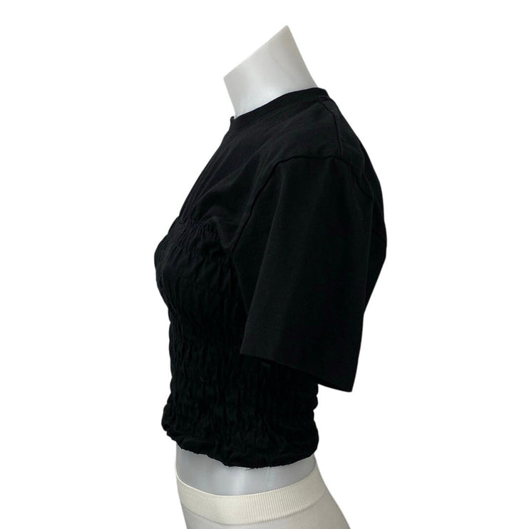 Frame Women's Black Smocked Crewneck Short Sleeve Crop Tee T-shirt Top Size S