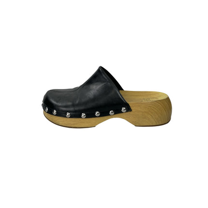 Zara Womens Black Studded Faux Leather Round Toe Slip On Mules Clogs Shoes 8.5