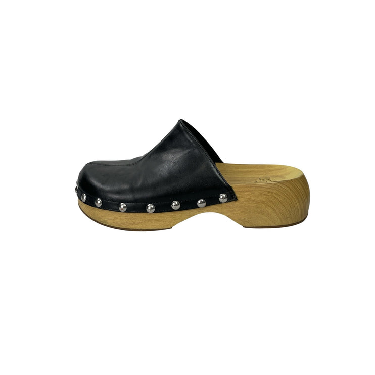 Zara Womens Black Studded Faux Leather Round Toe Slip On Mules Clogs Shoes 8.5