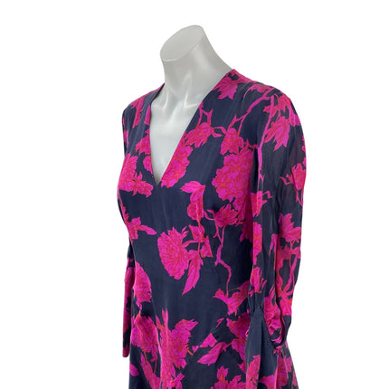 L.K. Bennett Navy Blue Pink Floral Long Sleeve V Neck A Line Midi Dress Size 6