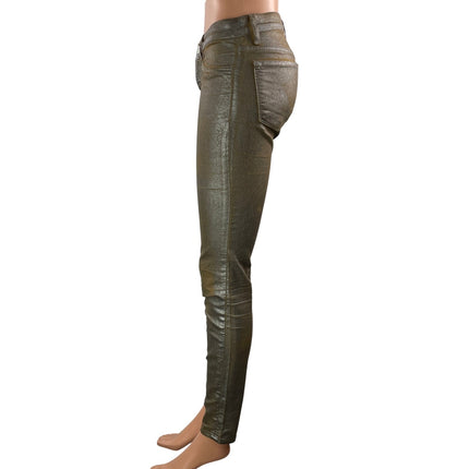 J Brand Tan Silver Metallic Coated Low Rise Slim Skinny Denim Jeans Size 25