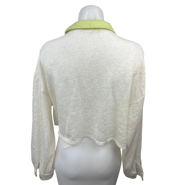 The Shoppe White Green Collared Pocket Button Up Cardigan Sweater Top Size L