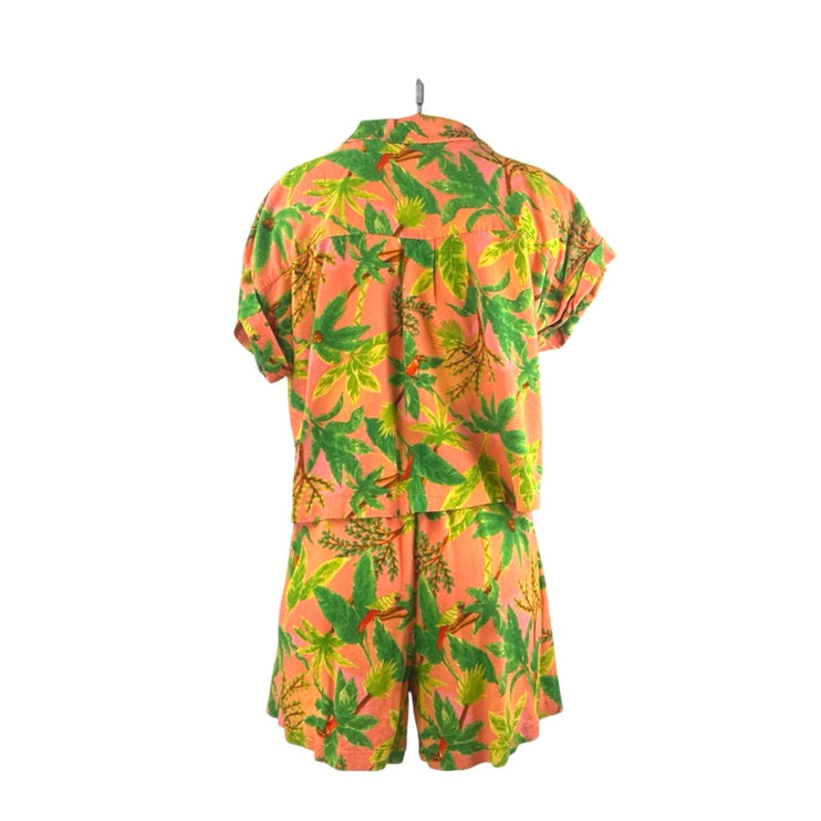 Monteau Tropical Palm Parrot Linen Festival Crop Shirt Top Wide Leg Short Set XL