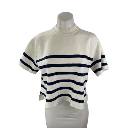 Abercrombie & Fitch White Blue Striped Short Sleeve Mock Neck Sweater Top Sz M