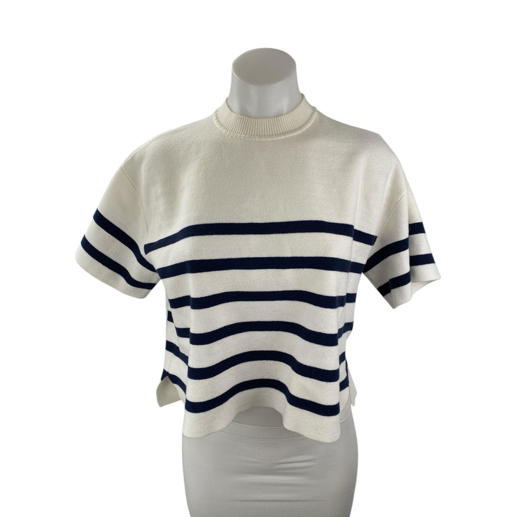 Abercrombie & Fitch White Blue Striped Short Sleeve Mock Neck Sweater Top Sz M