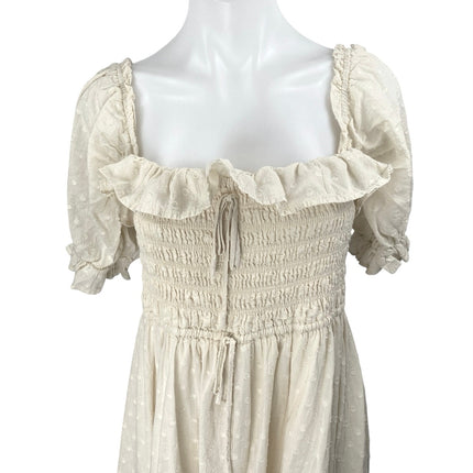 R.Yiposha Beige Short Puff Sleeve Smocked Ruffle Tie Swiss Dot Midi Dress 12/14