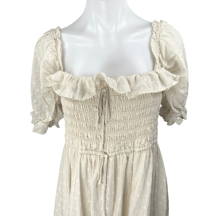 R.Yiposha Beige Short Puff Sleeve Smocked Ruffle Tie Swiss Dot Midi Dress 12/14
