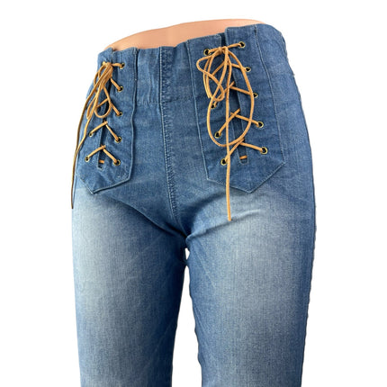 Judith March Women's Blue Lace Up High Rise Flare Bell Bottom Denim Jeans Size S