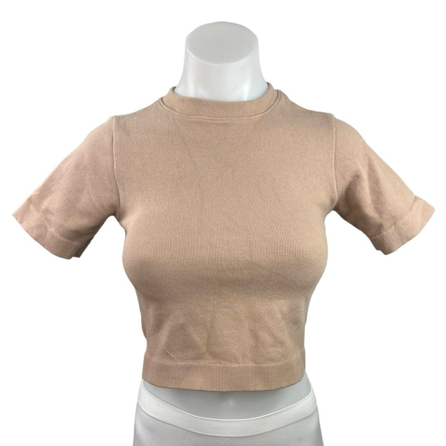Everlane Tan Mock Neck Short Sleeve Plain Knit Stretch Crop T Shirt Top Sz XS/S