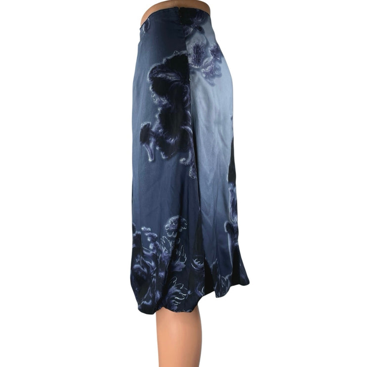 Prada 100% Silk Satin Blue Floral Pleated Knee Length A-Line Wrap Skirt 40 US 4