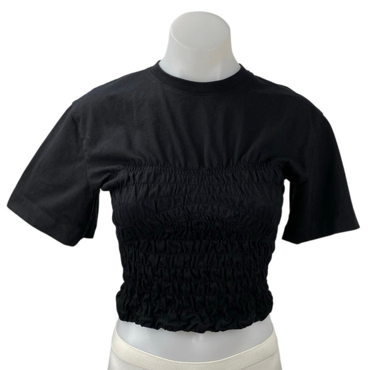 Frame Women's Black Smocked Crewneck Short Sleeve Crop Tee T-shirt Top Size S