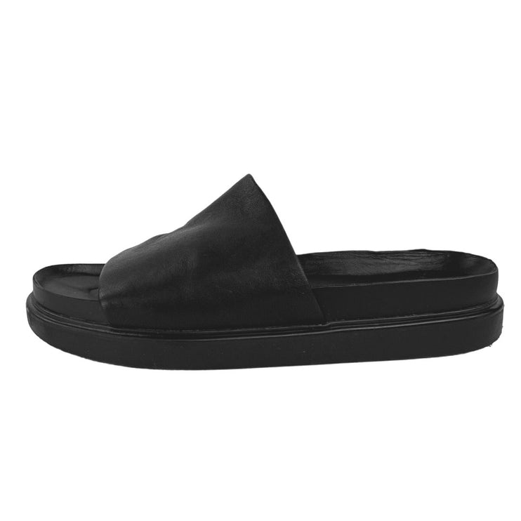 Vagabond Black Erin Leather Slip On Open Toe Wide Strap Flats Slide Sandals 10