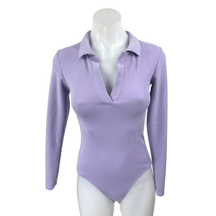 Zara Purple Long Sleeve Knit Polo Collared V Neck Shirt Bodysuit Top Size S