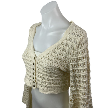 Commense Cream Beige Open Knit Crochet Long Sleeve Button Up Crop Top Size S