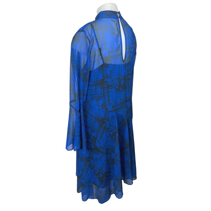 Topshop Blue Checkered Floral Fluted Seamed Asymmetric High Neck Midi Dress 14