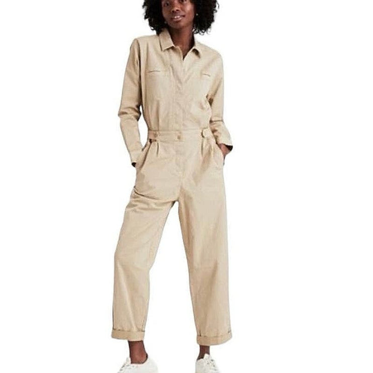 American Eagle Utility Khaki Pocket Button Up Collar Long Sleeve Jumpsuit Size S