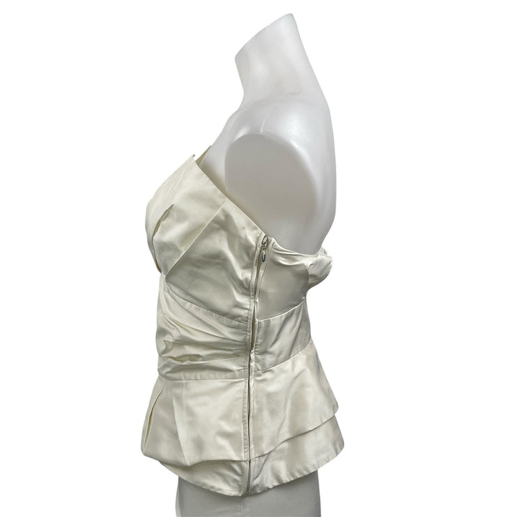 Amaya Arzuaga White Satin Silk Strapless Tube Sweetheart Peplum Blouse Top 10