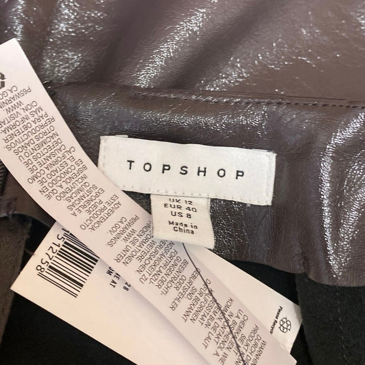NEW Topshop Brown Faux Vegan Leather High Waist Zipper Mini A-Line Skirt Size 8