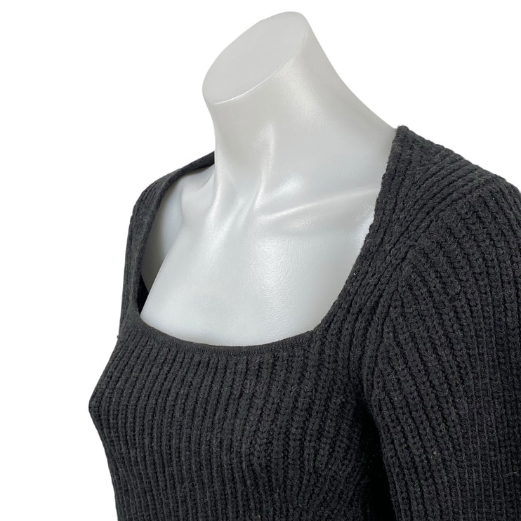 Zara Womens Black Wool Ribbed Knit Square Neck Long Sleeve Cropped Sweater Top S