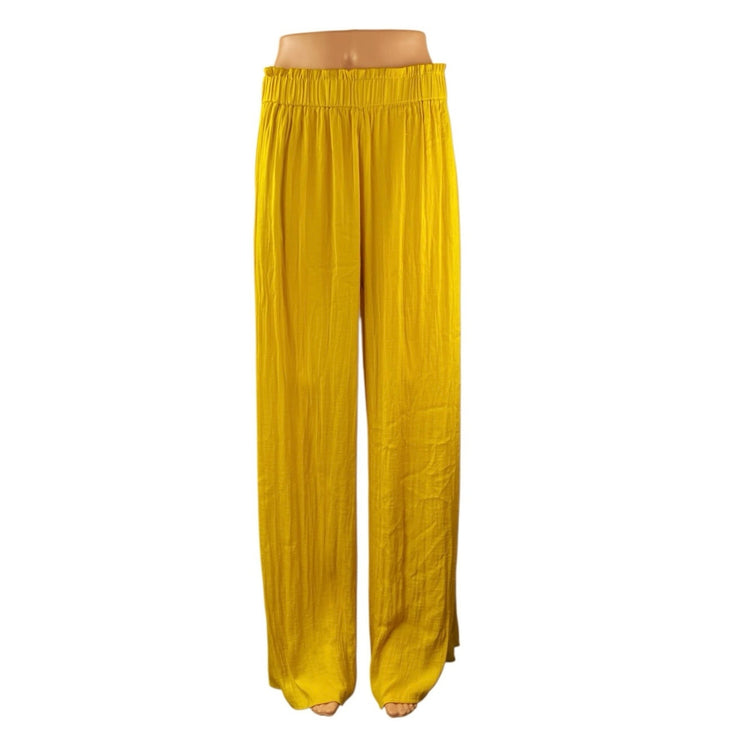 Zara Women's Yellow High Rise Pull On Pleated Wide Leg Trousers Pants Size L