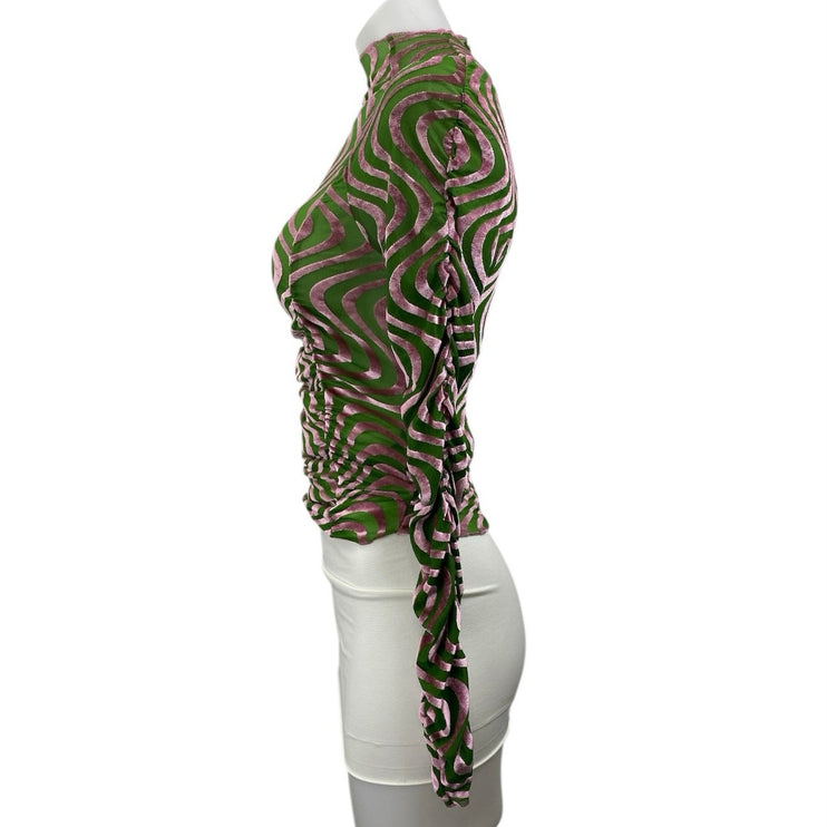 Urban Outfitters Green Pink Velvet Velour Swirl Long Sleeve Mock Neck Blouse S