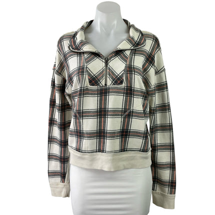 Free People Why Not Ivory Black Plaid Quarter Zip Pullover Sweater Sweatshirt S