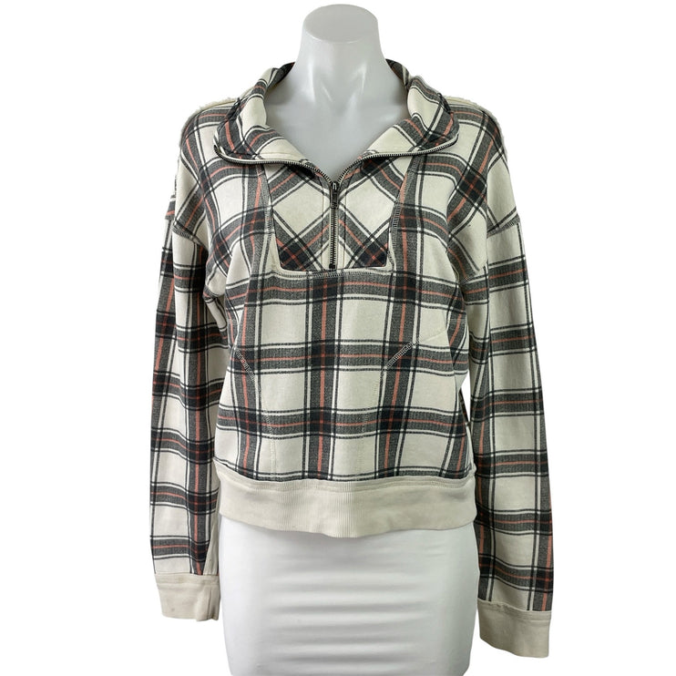 Free People Why Not Ivory Black Plaid Quarter Zip Pullover Sweater Sweatshirt S