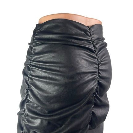 Hyfve Women's Black Faux Leather Vegan High Waist Ruched Pencil Mini Skirt Sz S