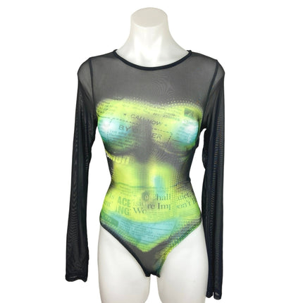 Fashion Nova Black Green Newspaper Print Body Secrets Mesh Bodysuit Top Size S