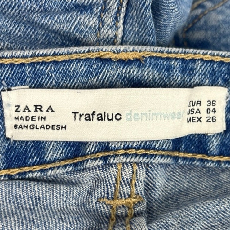 Zara Trafaluc Blue Distressed Cuffed Medium Wash High Rise Denim Jean Short Sz 4