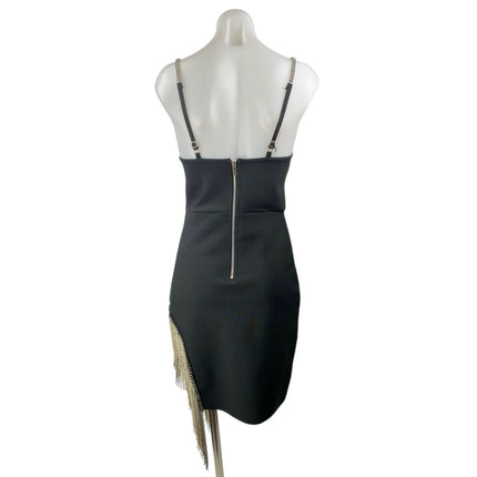 Women's Black Sleeveless V Neck Gold Fringe Beaded Cami Mini Bodycon Dress Sz M