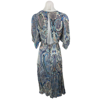 Ba&sh Blue Paisley Print Half Sleeve V Neck Tie Waist A Line Midi Dress Size XS