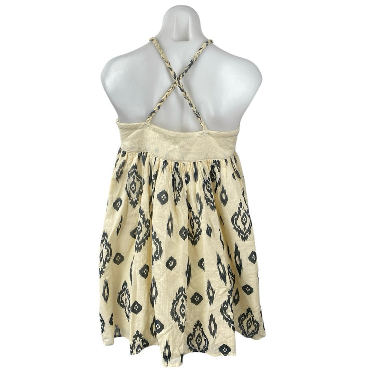 Zara Cream Ikat Print Studded Sleeveless Cami Mini Halter A-Line Dress Size M
