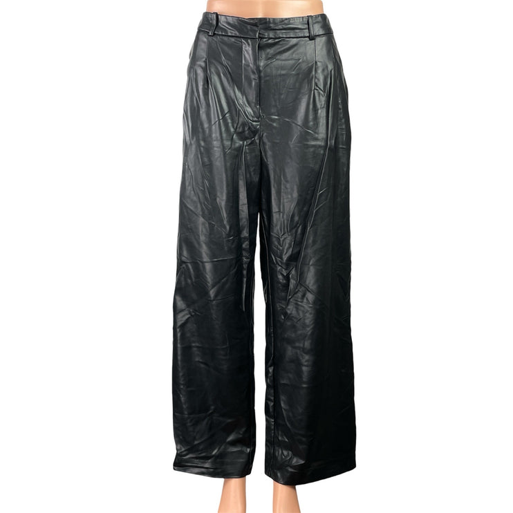 Worthington Black Faux Vegan Leather High Waisted Wide Leg Trousers Pants Sz 12